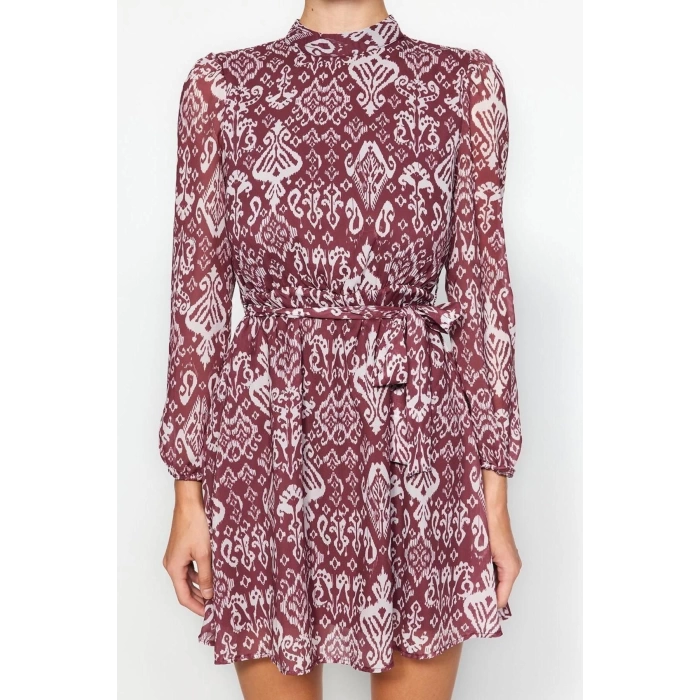 New Regular Day Night Chiffon Woven Stand Collar Long Sleeve A-Line Mini Length Dress
