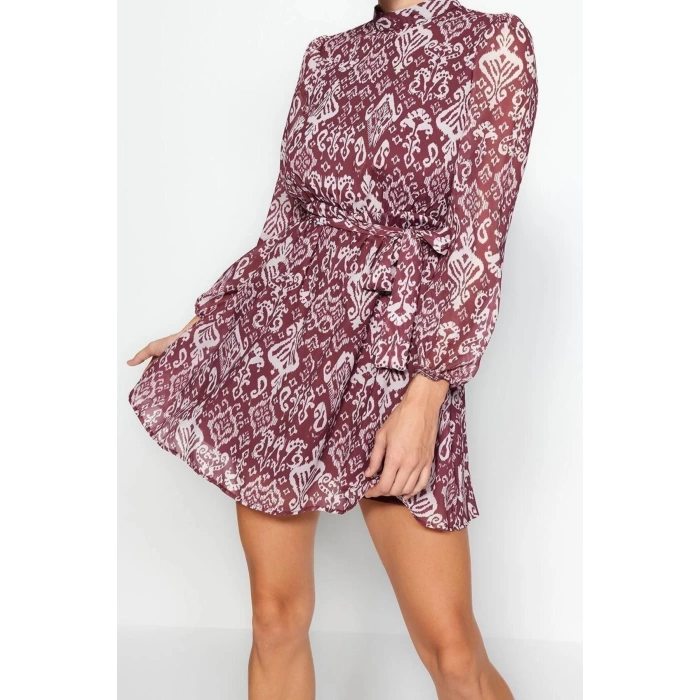 New Regular Day Night Chiffon Woven Stand Collar Long Sleeve A-Line Mini Length Dress