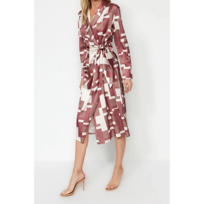 New Regular Day Night Satin Woven Jacket Collar Long Sleeve Double Breasted Midi Length Dress