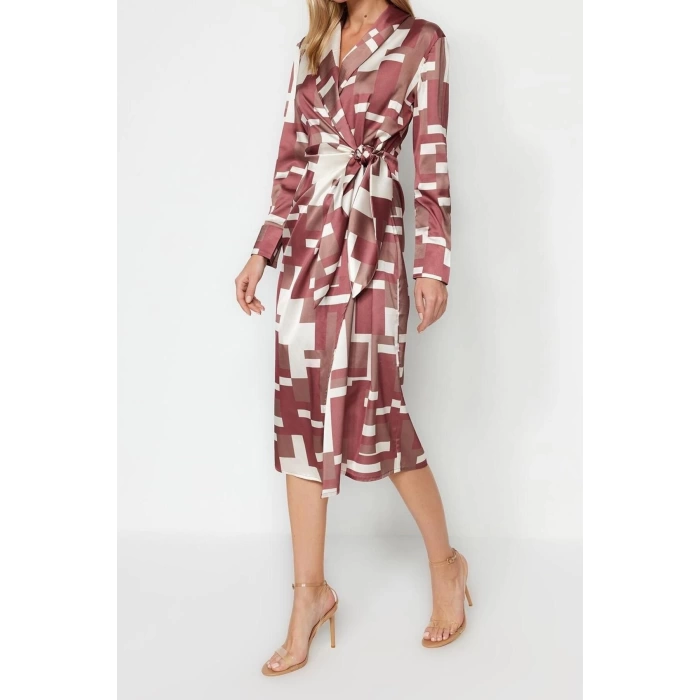 New Regular Day Night Satin Woven Jacket Collar Long Sleeve Double Breasted Midi Length Dress