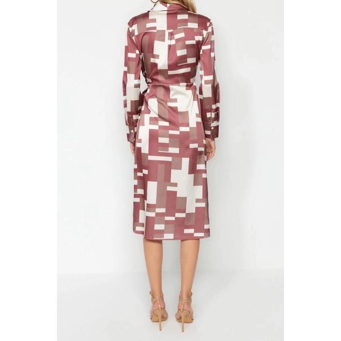 New Regular Day Night Satin Woven Jacket Collar Long Sleeve Double Breasted Midi Length Dress