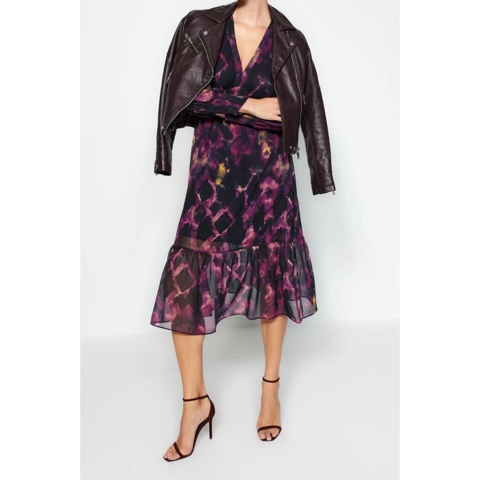 New Regular Day Night Chiffon Woven V Neck Long Sleeve A-Line Midi Length Dress