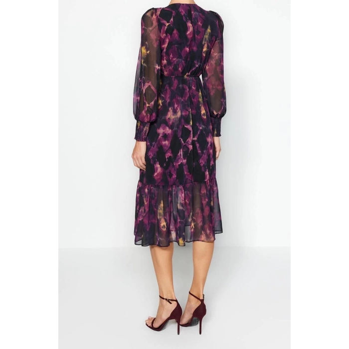 New Regular Day Night Chiffon Woven V Neck Long Sleeve A-Line Midi Length Dress