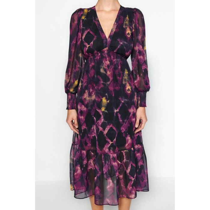 New Regular Day Night Chiffon Woven V Neck Long Sleeve A-Line Midi Length Dress