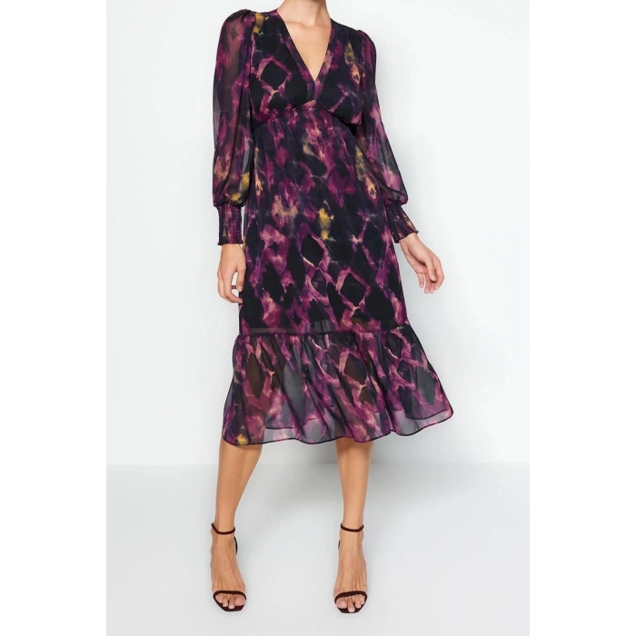New Regular Day Night Chiffon Woven V Neck Long Sleeve A-Line Midi Length Dress