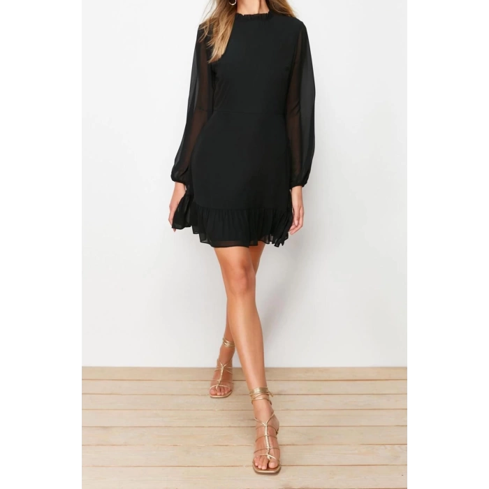 New Regular Day Night Chiffon Woven Stand Collar Long Sleeve A-Line Mini Length Dress