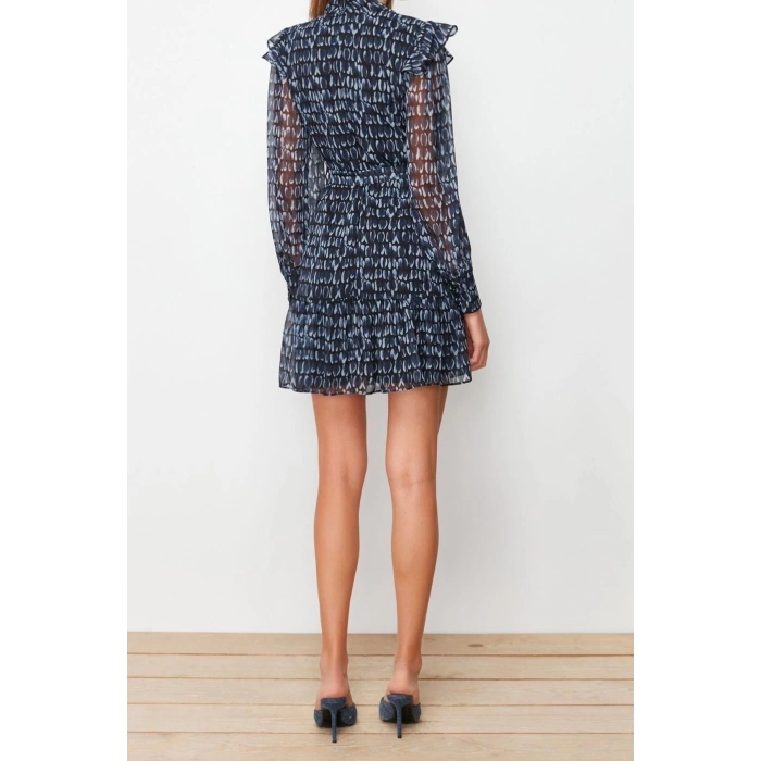 New Regular Day Night Chiffon Woven Stand Collar Long Sleeve A-Line Mini Length Dress
