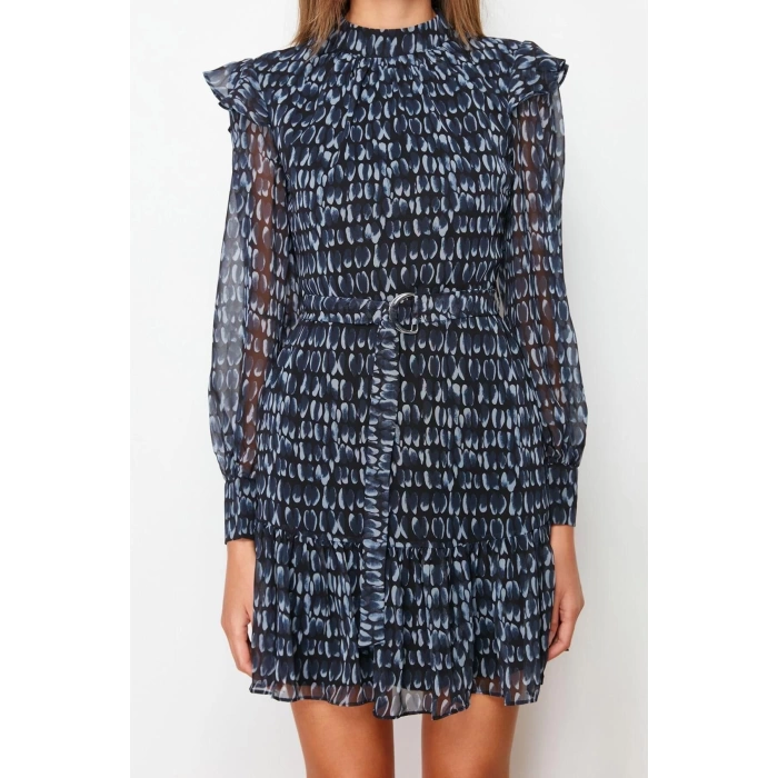New Regular Day Night Chiffon Woven Stand Collar Long Sleeve A-Line Mini Length Dress