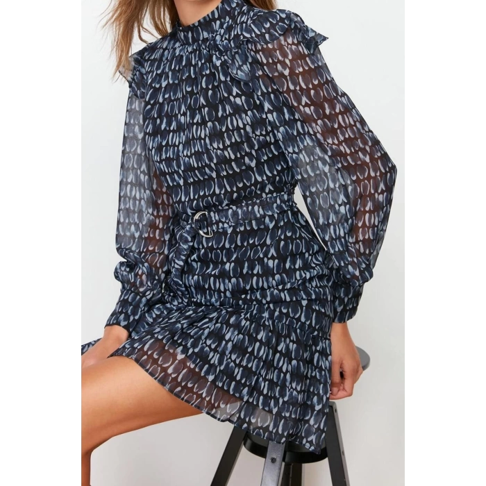 New Regular Day Night Chiffon Woven Stand Collar Long Sleeve A-Line Mini Length Dress