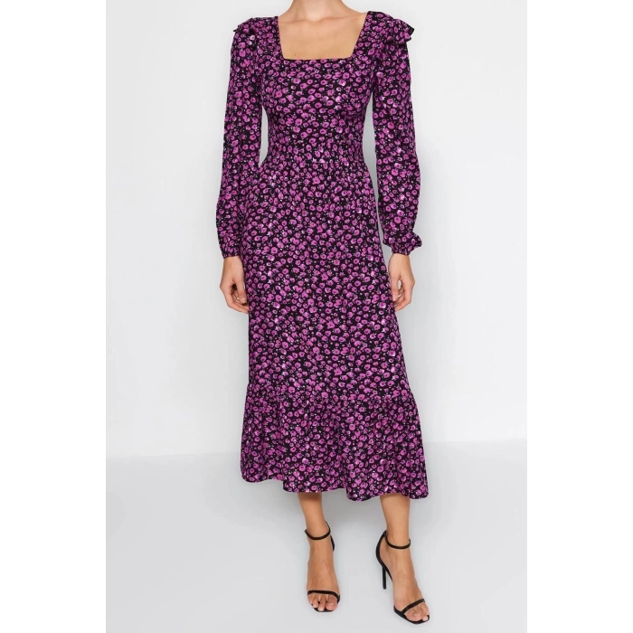 New Regular Casual Daily Shally Woven Square Neck Long Sleeve A-Line Midi Length Dress