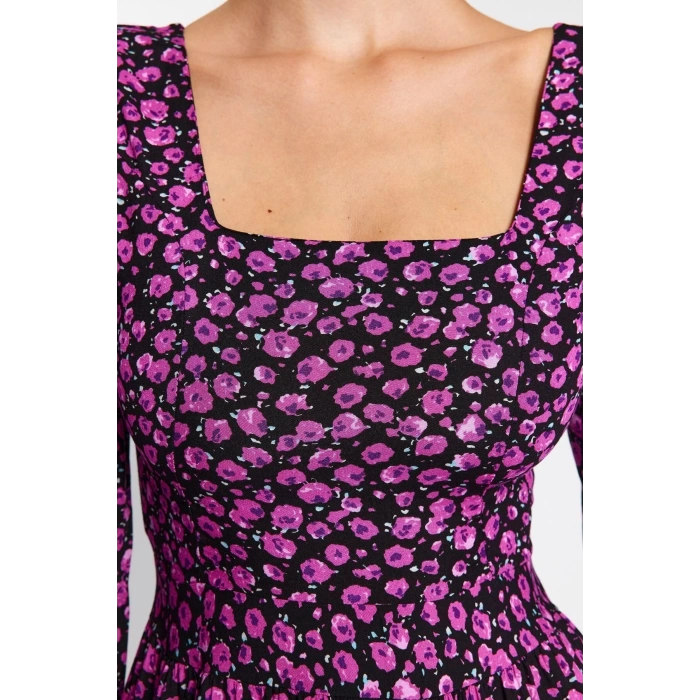 New Regular Casual Daily Shally Woven Square Neck Long Sleeve A-Line Midi Length Dress
