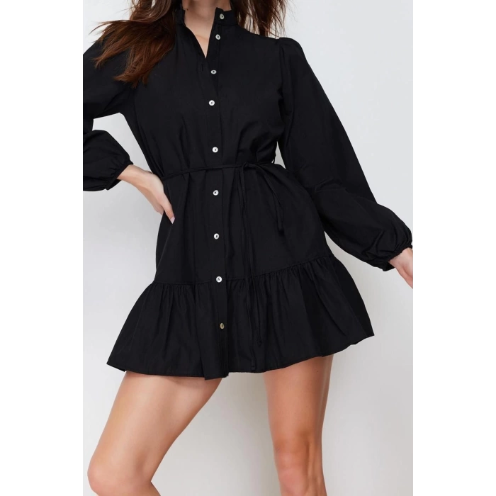 New Regular Casual Daily Poplin Woven Mandarin Collar Long Sleeve Shirt Dress Mini Length Dress