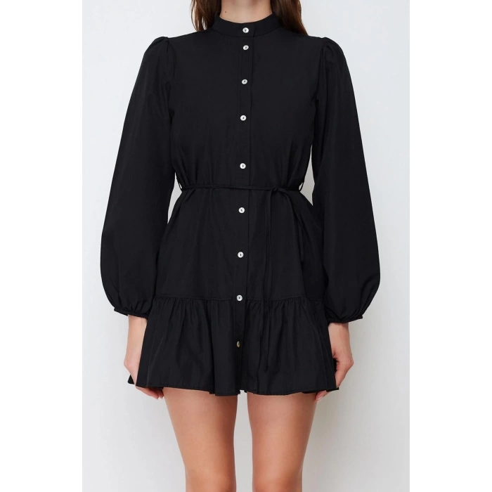 New Regular Casual Daily Poplin Woven Mandarin Collar Long Sleeve Shirt Dress Mini Length Dress