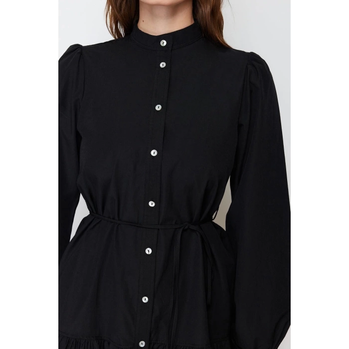 New Regular Casual Daily Poplin Woven Mandarin Collar Long Sleeve Shirt Dress Mini Length Dress