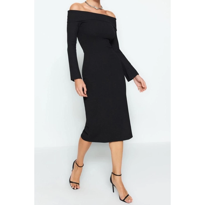 New Slim Day Night Camisole Knitted Carmen Collar Long Sleeve Bodycone Maxi Length Dress
