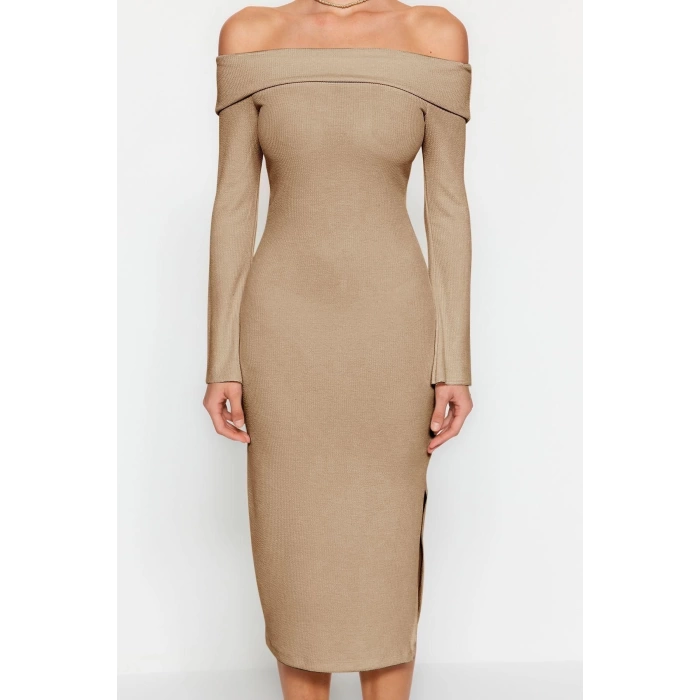 New Slim Day Night Camisole Knitted Carmen Collar Long Sleeve Bodycone Maxi Length Dress