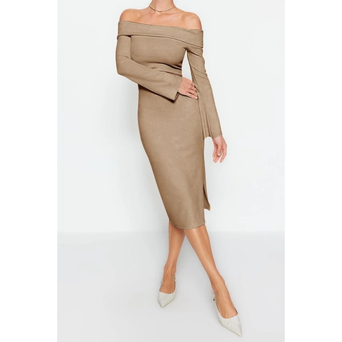 New Slim Day Night Camisole Knitted Carmen Collar Long Sleeve Bodycone Maxi Length Dress