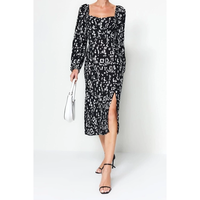 New Regular Casual Daily Shally Woven Sweetheart Neck Long Sleeve A-Line Midi Length Dress