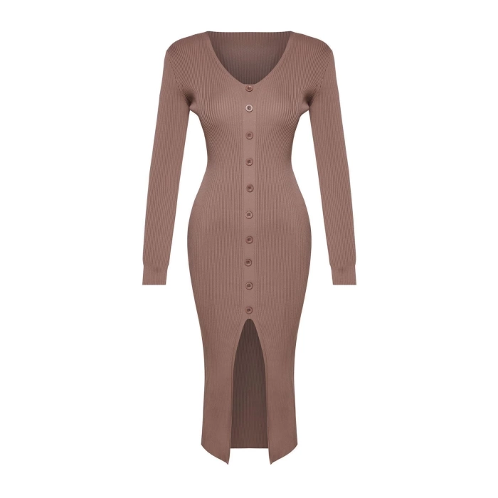 New Regular Day Night Single Plate Knitwear V Neck Long Sleeve Bodycone Maxi Length Dress