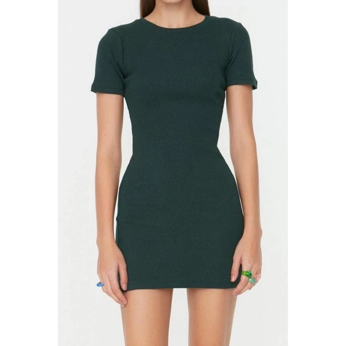 New Slim Casual Daily Regenerated Camisole Knitted Crew Neck Short Sleeve Bodycone Mini Length Dress