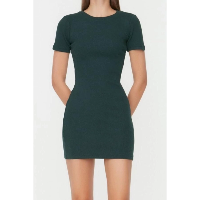 New Slim Casual Daily Regenerated Camisole Knitted Crew Neck Short Sleeve Bodycone Mini Length Dress
