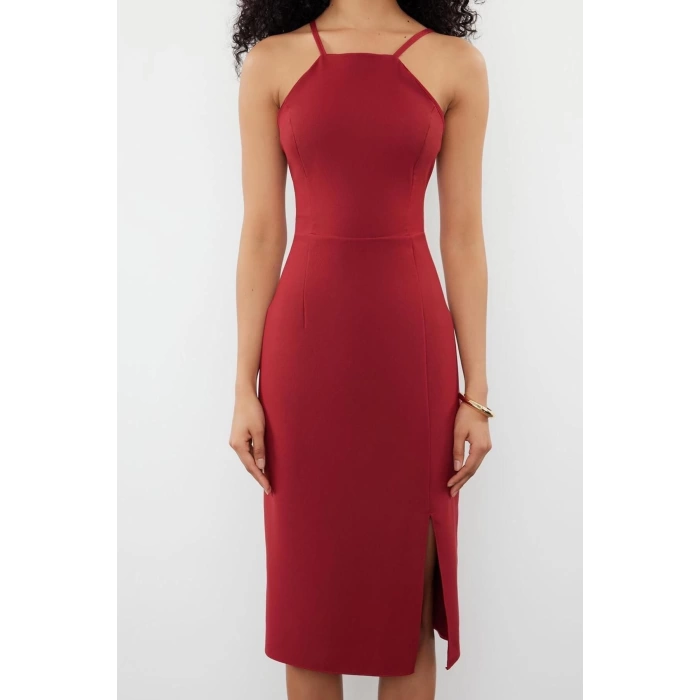 New Regular Day Night Finike Woven Halter Neck Strappy Sleeve Bodycone Midi Length Dress