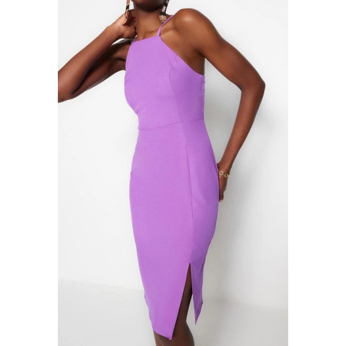 New Regular Day Night Finike Woven Halter Neck Strappy Sleeve Bodycone Midi Length Dress
