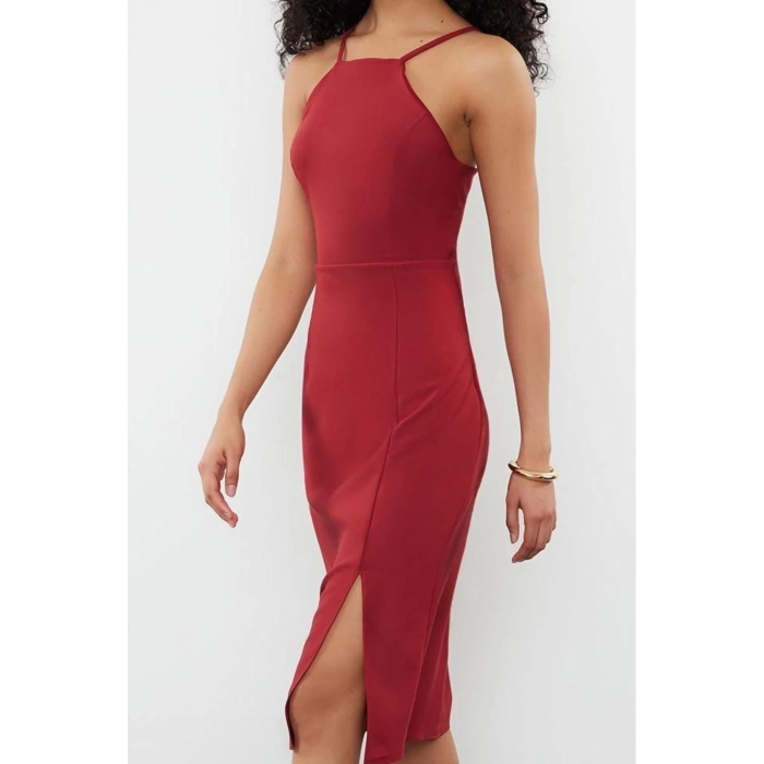 New Regular Day Night Finike Woven Halter Neck Strappy Sleeve Bodycone Midi Length Dress
