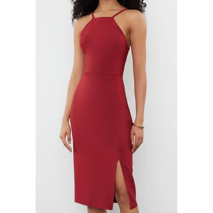 New Regular Day Night Finike Woven Halter Neck Strappy Sleeve Bodycone Midi Length Dress