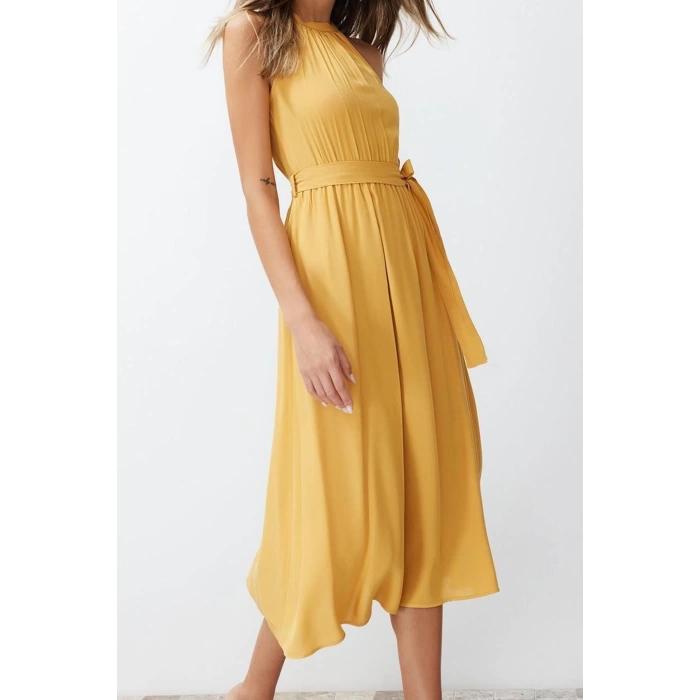 Yeni Regular Casual Günlük Shally Dokuma Halter Yaka Kolsuz Kol A-Line Midi Boy Elbise
