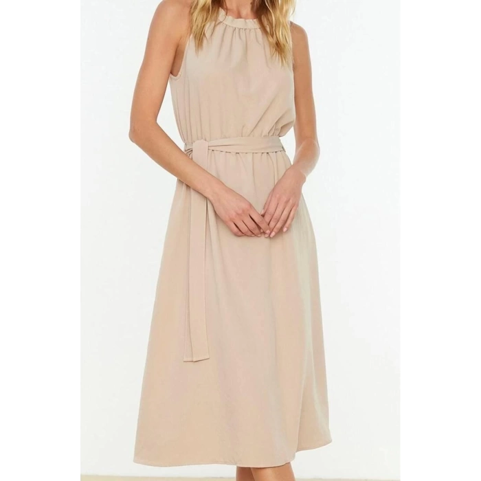Yeni Regular Casual Günlük Shally Dokuma Halter Yaka Kolsuz Kol A-Line Midi Boy Elbise