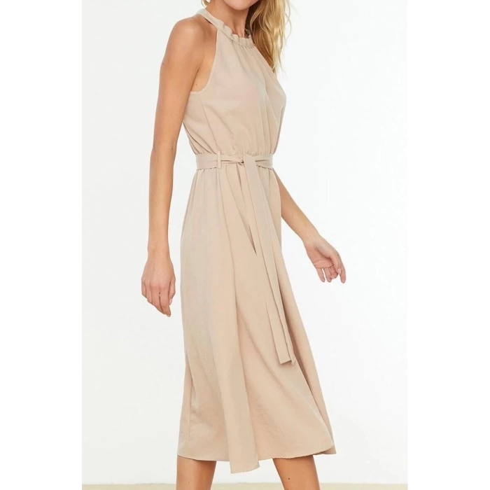 Yeni Regular Casual Günlük Shally Dokuma Halter Yaka Kolsuz Kol A-Line Midi Boy Elbise