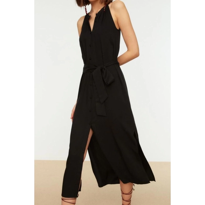 Yeni Regular Casual Günlük Shally Dokuma Halter Yaka Kolsuz Kol Gömlek Elbise Midi Boy Elbise
