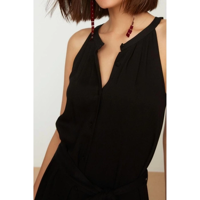 Yeni Regular Casual Günlük Shally Dokuma Halter Yaka Kolsuz Kol Gömlek Elbise Midi Boy Elbise