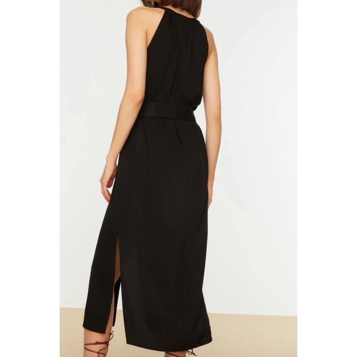 Yeni Regular Casual Günlük Shally Dokuma Halter Yaka Kolsuz Kol Gömlek Elbise Midi Boy Elbise