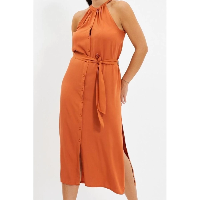 Yeni Regular Casual Günlük Shally Dokuma Halter Yaka Kolsuz Kol Gömlek Elbise Midi Boy Elbise