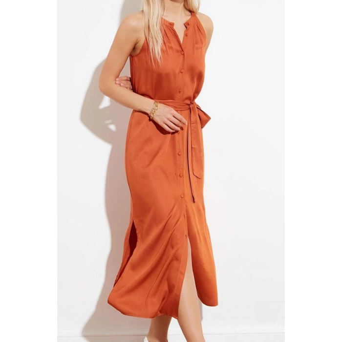 Yeni Regular Casual Günlük Shally Dokuma Halter Yaka Kolsuz Kol Gömlek Elbise Midi Boy Elbise