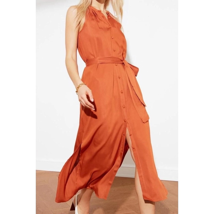 Yeni Regular Casual Günlük Shally Dokuma Halter Yaka Kolsuz Kol Gömlek Elbise Midi Boy Elbise