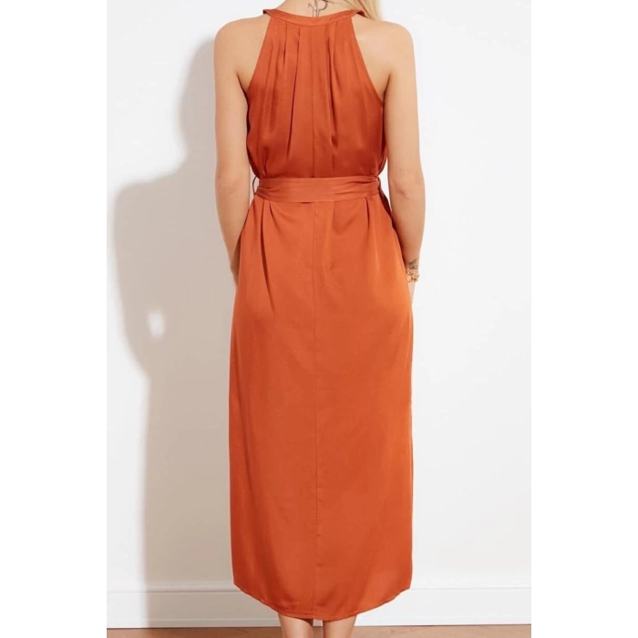 Yeni Regular Casual Günlük Shally Dokuma Halter Yaka Kolsuz Kol Gömlek Elbise Midi Boy Elbise