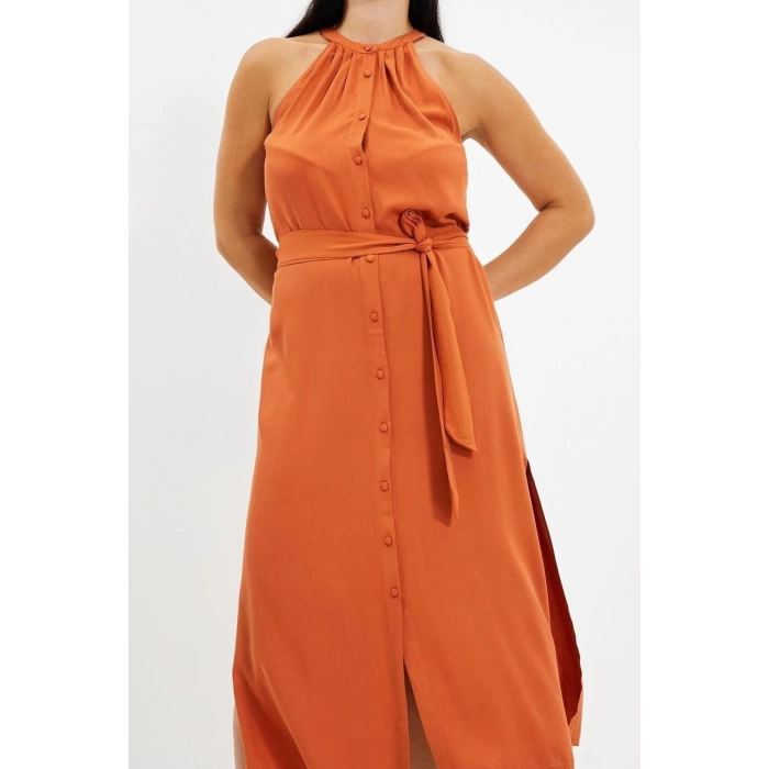 Yeni Regular Casual Günlük Shally Dokuma Halter Yaka Kolsuz Kol Gömlek Elbise Midi Boy Elbise