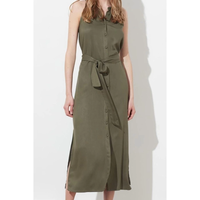 Yeni Regular Casual Günlük Shally Dokuma Halter Yaka Kolsuz Kol Gömlek Elbise Midi Boy Elbise