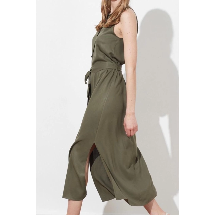 Yeni Regular Casual Günlük Shally Dokuma Halter Yaka Kolsuz Kol Gömlek Elbise Midi Boy Elbise