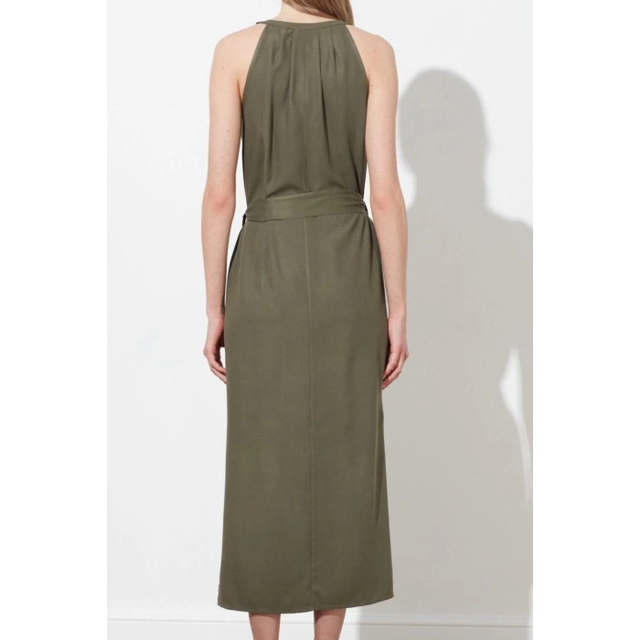 Yeni Regular Casual Günlük Shally Dokuma Halter Yaka Kolsuz Kol Gömlek Elbise Midi Boy Elbise