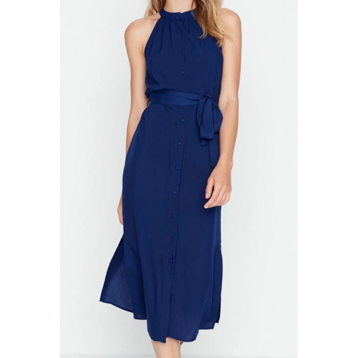 Yeni Regular Casual Günlük Shally Dokuma Halter Yaka Kolsuz Kol Gömlek Elbise Midi Boy Elbise