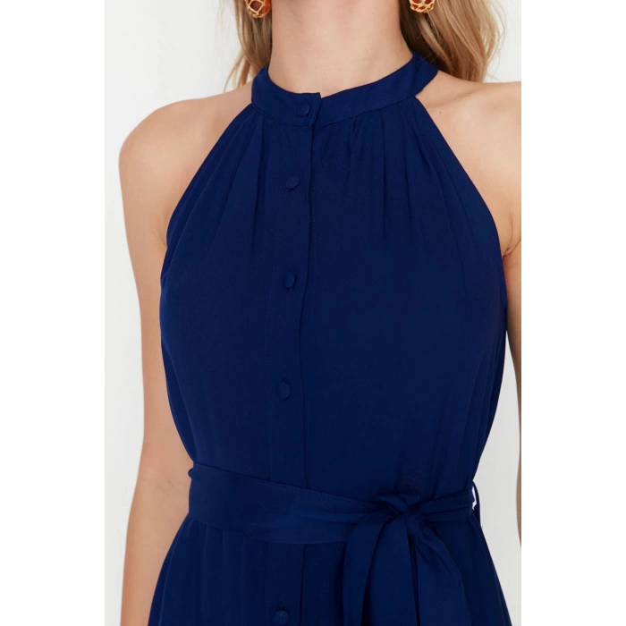 Yeni Regular Casual Günlük Shally Dokuma Halter Yaka Kolsuz Kol Gömlek Elbise Midi Boy Elbise