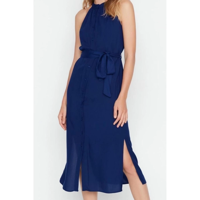 Yeni Regular Casual Günlük Shally Dokuma Halter Yaka Kolsuz Kol Gömlek Elbise Midi Boy Elbise