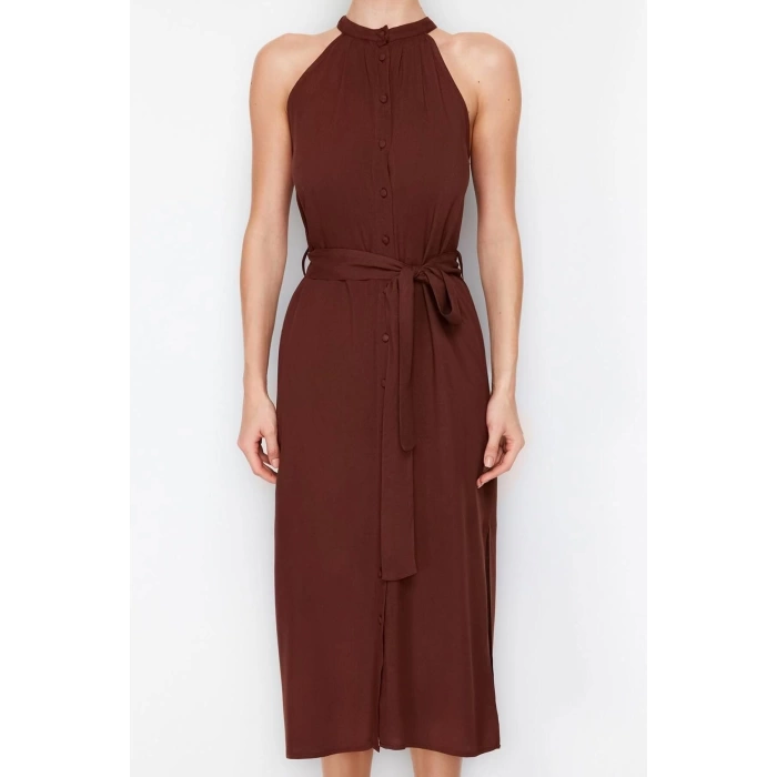 Yeni Regular Casual Günlük Shally Dokuma Halter Yaka Kolsuz Kol Gömlek Elbise Midi Boy Elbise