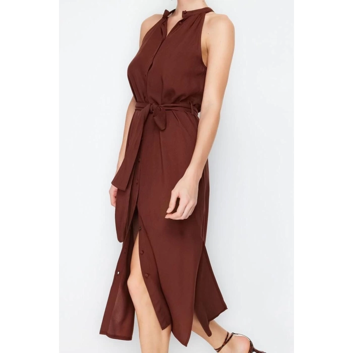 Yeni Regular Casual Günlük Shally Dokuma Halter Yaka Kolsuz Kol Gömlek Elbise Midi Boy Elbise