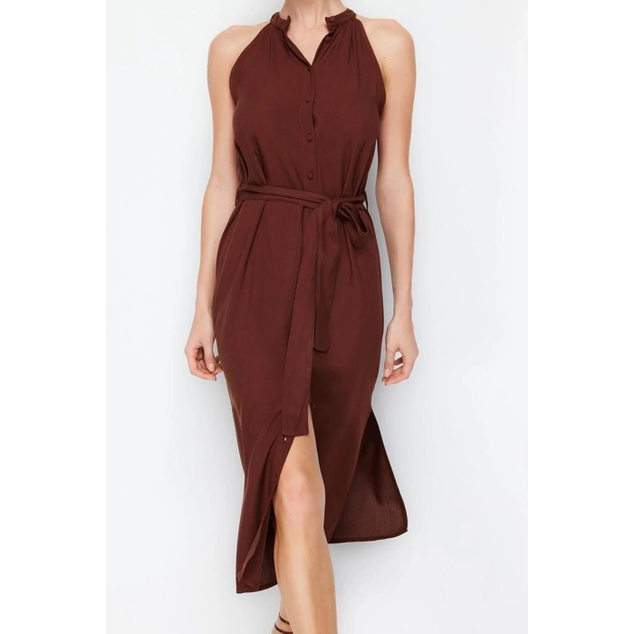 Yeni Regular Casual Günlük Shally Dokuma Halter Yaka Kolsuz Kol Gömlek Elbise Midi Boy Elbise