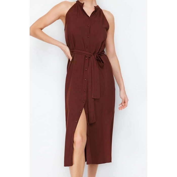 Yeni Regular Casual Günlük Shally Dokuma Halter Yaka Kolsuz Kol Gömlek Elbise Midi Boy Elbise